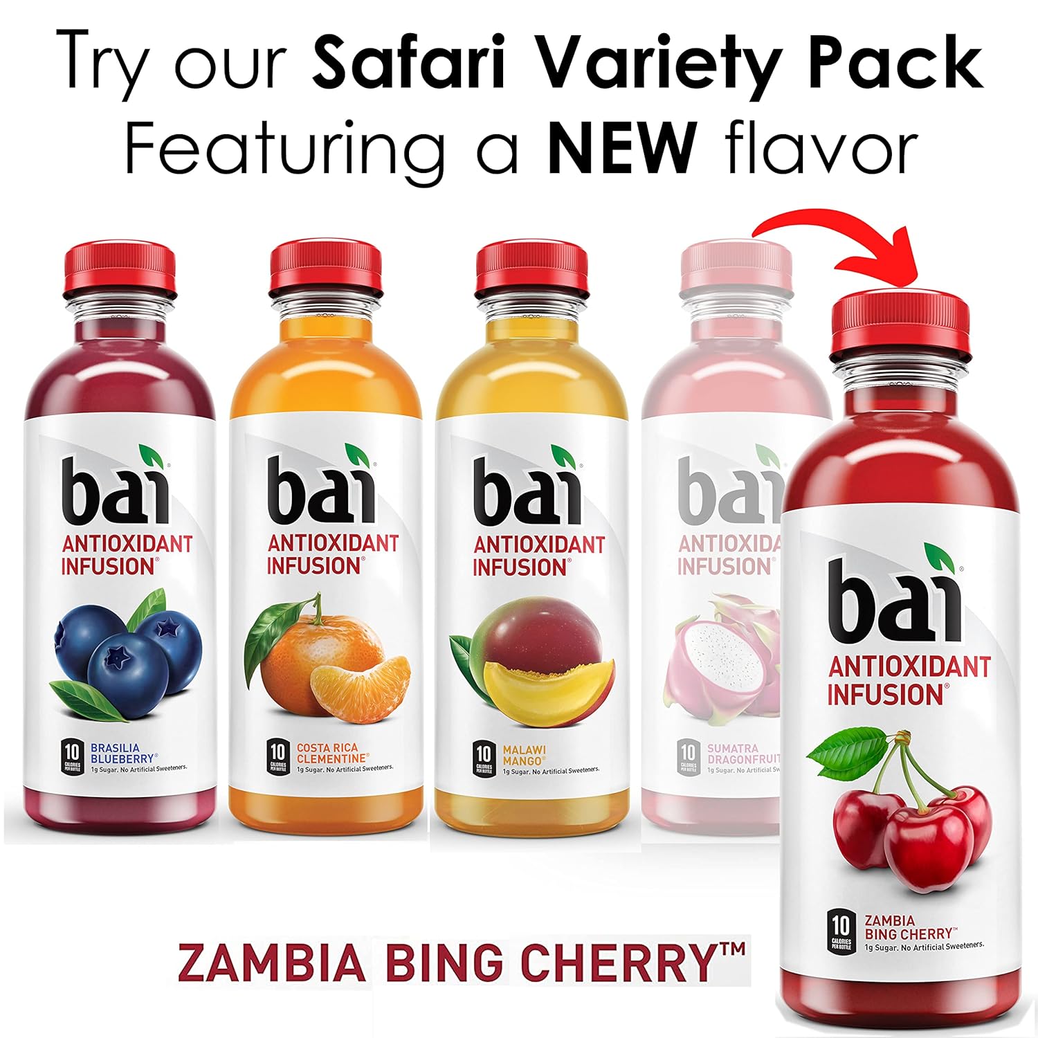 Bai Flavored Water, Safari Variety Pack, Antioxidant Infused Drinks, 18 Fluid Ounce Bottles, 12 Count, 3 Each of Brasilia Blueberry, Costa Rica Clementine, Malawi Mango, Zambia Bing Cherry,18 Fl Oz (Pack of 12) - Image 2